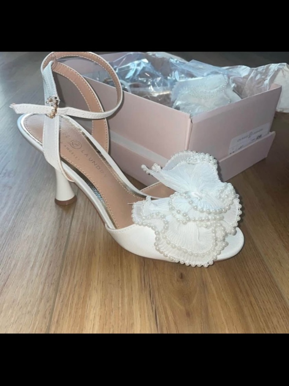 Chinese Laundry White Pearl-Embellished Ankle-Strap Heels
